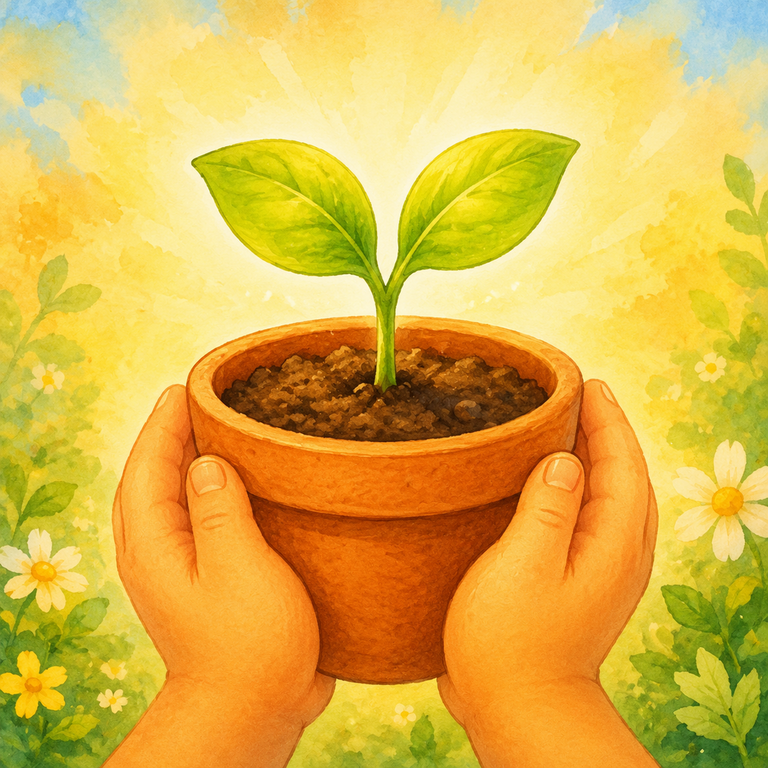 Tiny Farmers App-Symbol: Kinderhände halten einen Topf mit einem jungen Keimling
